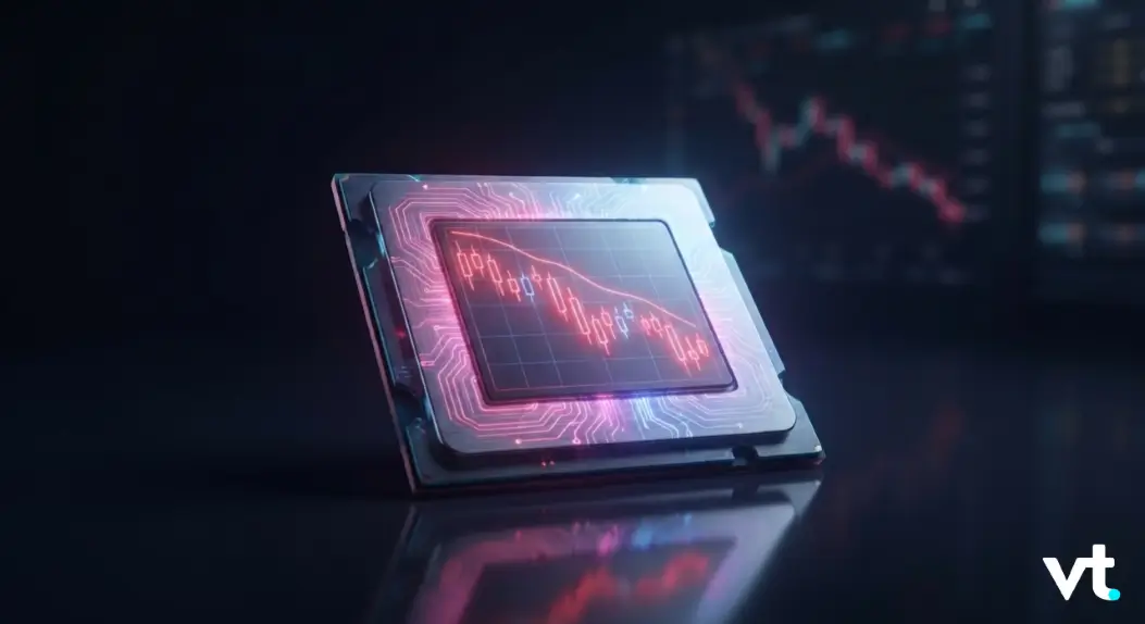 Close-up of a high-tech processor with a glowing red stock chart on its display, set against a dark background.