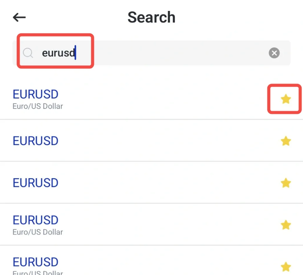 صفحه جستجو با فلش بازگشت و فیلد جستجویی که عبارت «eurusd» در آن نوشته شده است، همراه با یک ستاره هایلایتشده در سمت راست بخش بالای صفحه.