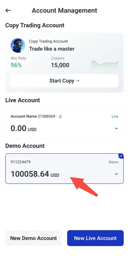 صفحه مدیریت حساب با بخش حساب کپیتریدینگ که نرخ برد 96%، تعداد 15,000 کپیکننده و دکمه «Start Copy» را نشان میدهد؛ حسابهای واقعی و دمو به همراه موجودیها در پایین فهرست شدهاند.