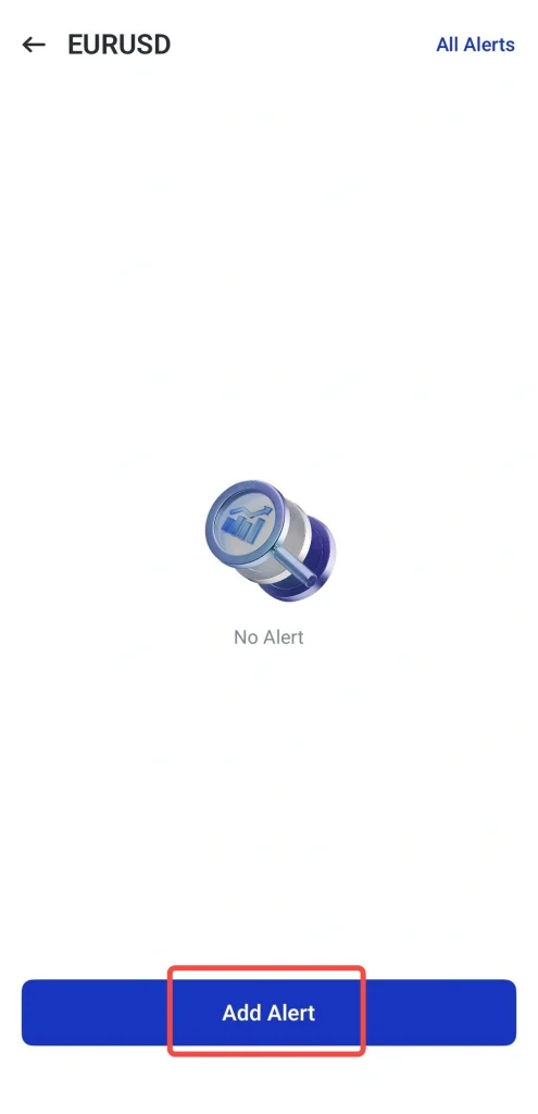 صفحه هشدارهای فارکس: دکمه «Add Alert» در پایین هایلایت شده و هیچ هشدار فعلی وجود ندارد (EURUSD).