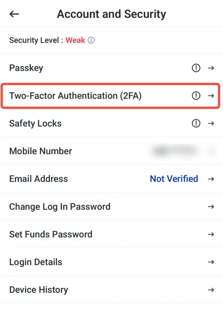 صفحه تنظیمات Account و Security با گزینه Two-Factor Authentication (2FA) که با کادر قرمز هایلایت شده است.