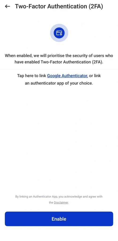 صفحه راهاندازی 2FA با آیکون برنامه دایرهای آبی، دستورالعملی برای اتصال Google Authenticator یا یک اپلیکیشن احراز هویت دیگر و دکمه «Enable».