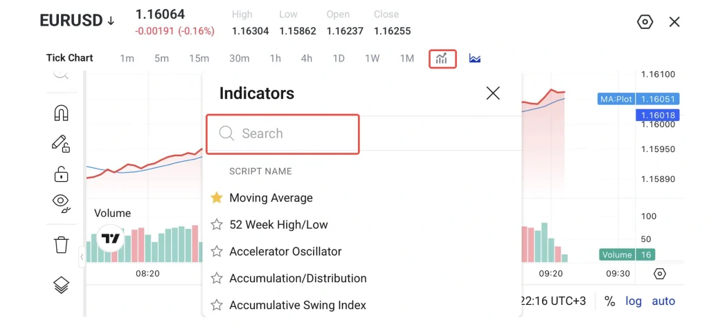 نمای معاملاتی: پنجره Indicators باز است و فیلد Search روی رابط نمودار هایلایت شده است.