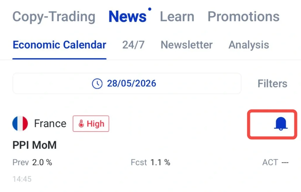 مورد تقویم اقتصادی فرانسه با نشان ریسک بالا (High) و PPI MoM، قبلی 2.0% و پیشبینی 1.1%، مورخ 28/05/2026، با زنگ هشدار هایلایتشده در سمت راست.