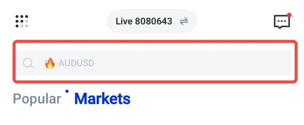 فیلد جستجوی هایلایتشده برای AUDUSD با آیکون ذرهبین و ایموجی آتش، با کادر قرمز.