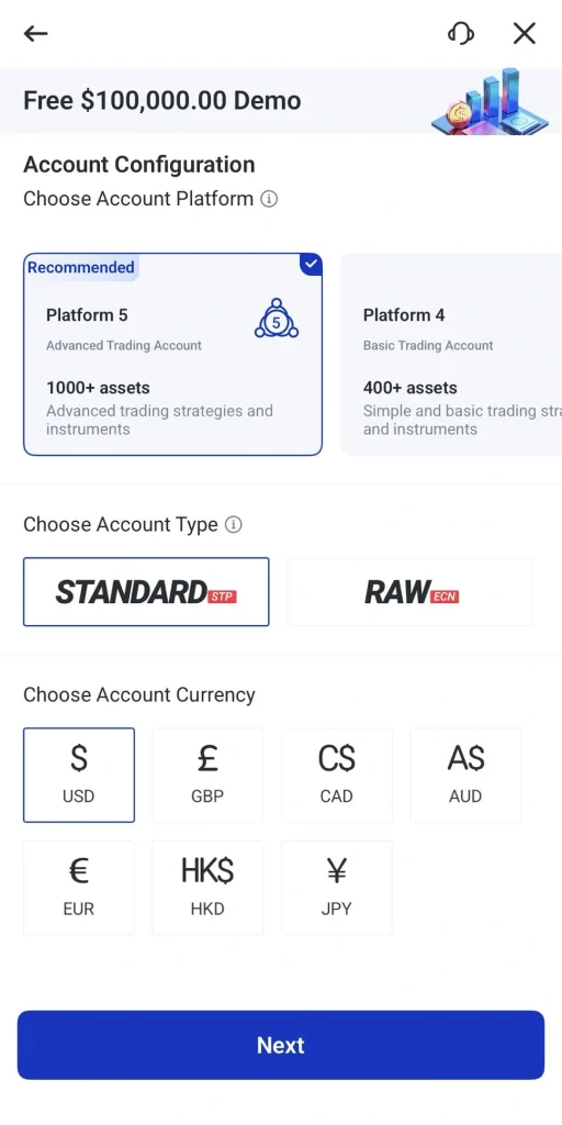صفحه راهاندازی دمو با دو کارت حساب (Platform 5 و Platform 4)، سپس انتخاب نوع حساب (STANDARD یا RAW) و ارز USD و پس از آن دکمه «Next».