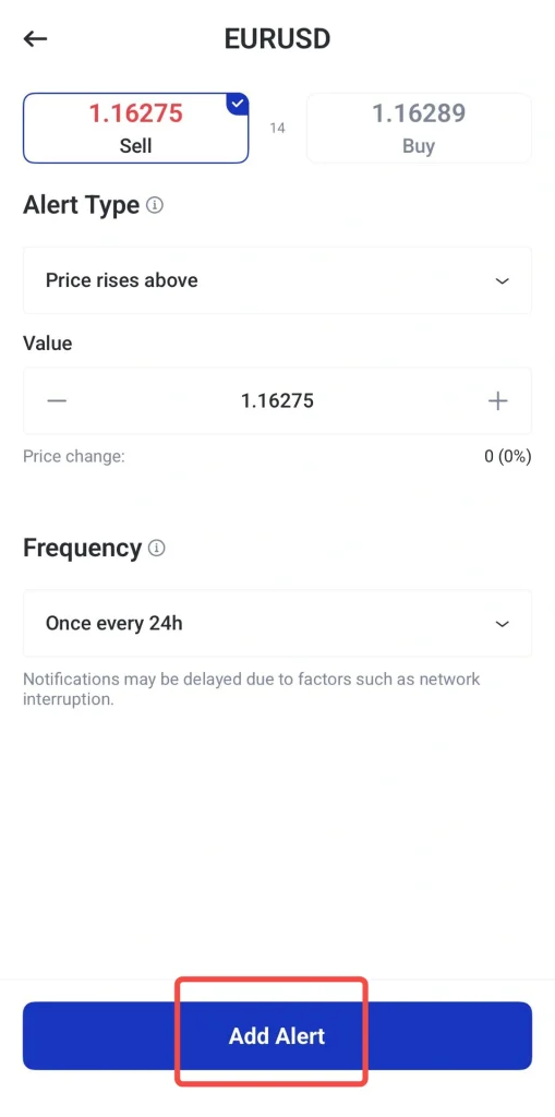 صفحه تنظیم هشدار EURUSD: قیمت فروش 1.16275، خرید 1.16289، نوع هشدار «Price rises above»، دکمه «Add Alert» در پایین صفحه.
