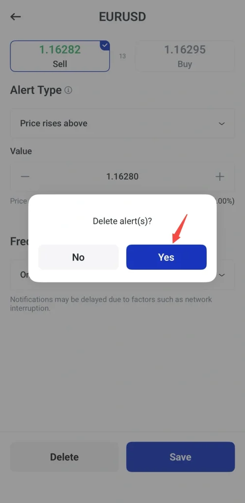پنجره تأیید: «Delete alert(s)?» با گزینههای «Yes» (آبی) و «No» (خاکستری)، که «Yes» با دکمه آبی هایلایت شده است.