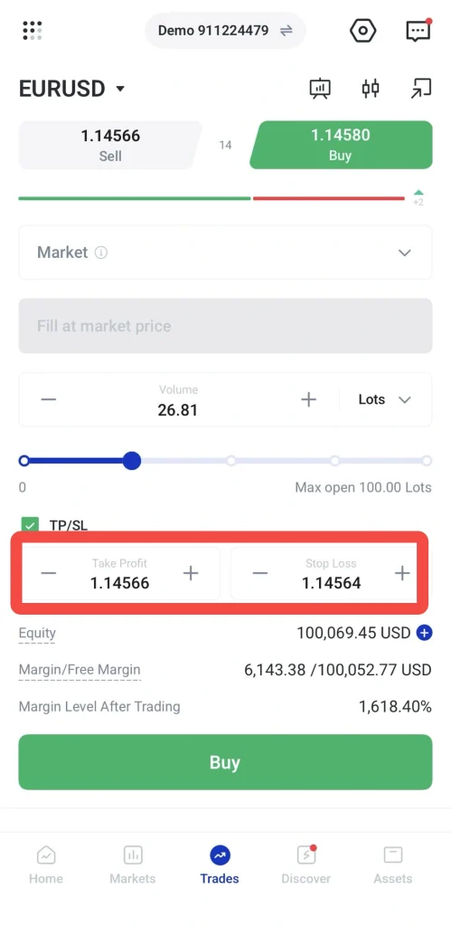 صفحه اپلیکیشن معاملاتی با قیمت خرید در سمت راست و کنترلهای Take Profit/Stop Loss که با رنگ قرمز هایلایت شدهاند، با TP برابر 1.14566 و SL برابر 1.14564 برای EURUSD.